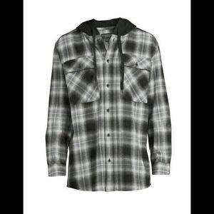 No Boundaries NWT Mens Oversized Hooded Button Up Flannel Shirt Black Size Small